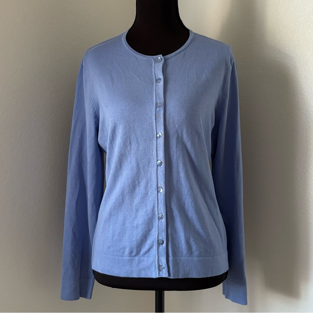 August Silk Blue Button-up Cardigan with Long Sleeves- Size Petite Large